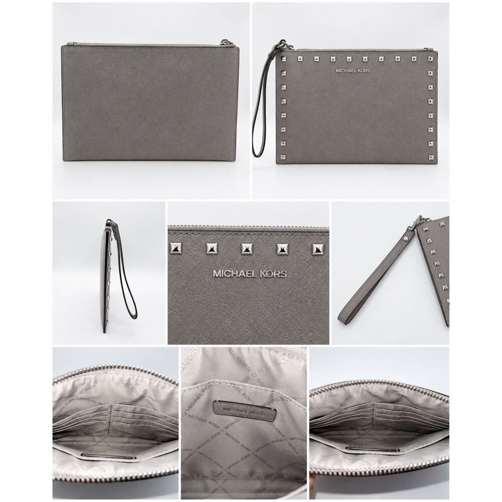 Michael Kors Gray Saffiano Leather Studded Jet Set Travel XL Wristlet